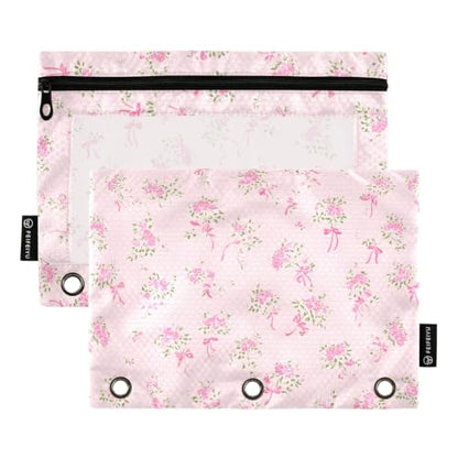 Binder Pencil Pouch for 3 Ring Binder Pencil Case Bags Pink Small Floral with Zipper Girls Clear Window 2 Pack - color: Pink Small Floral