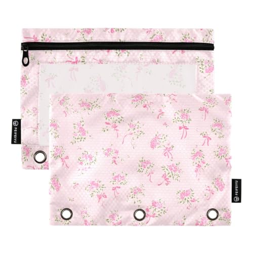 Binder Pencil Pouch for 3 Ring Binder Pencil Case Bags Pink Small Floral with Zipper Girls Clear Window 2 Pack - color: Pink Small Floral