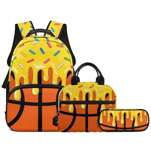 Ice Cream Basketball 3PCS Backpacks for Boys Girls, 3 in 1 School Bag with Insulated Lunch Box Pencil Case for Middle High School Students - color: Ice Cream Basketball