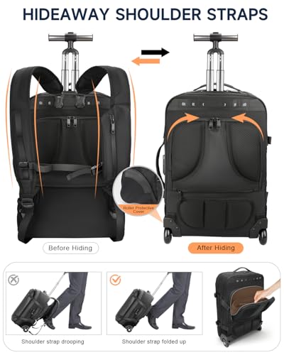 Rolling Laptop Backpack, Carry on Backpack with Wheels, Water Resistant Carry on Suitcase with 2 Packing Cubes, TSA Large Travel Wheeled Backpack for Men to Airline Work Business, Black - color: Black-518