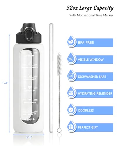 Nefeeko 32 oz Glass Water Bottles with Straw, Motivational Glass Water Bottle with Time Marker, 1 Liter BPA FREE Leakproof Reusable Glass Water Bottle with Silicone Sleeve, Bamboo Lid, Spout Lid - color: White