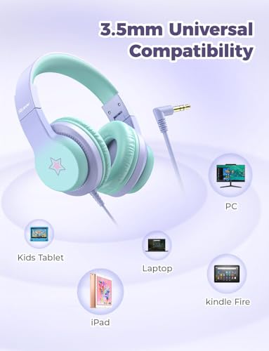 iClever HS19S Kids Headphones, 85dBA Safe Volume Limiter - Over Ear Stereo Headphones for Kids Boys Girls, Foldable 3.5mm Jack Wired Headphone for iPad/Tablet/School/Travel - color: Purple Star