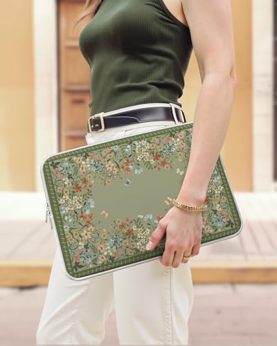 iCasso Computer Sleeve 13 inch,Stylish Girly Laptop Bag Green,13-13.6 inch Waterproof Laptop Sleeve Compatible with MacBook Neo/Air/Pro 13-14 Sleeve, HP Dell ASUS Lenovo Chromebook Notebook, Flowers - color: Green Floral, size: 13-14 Inch