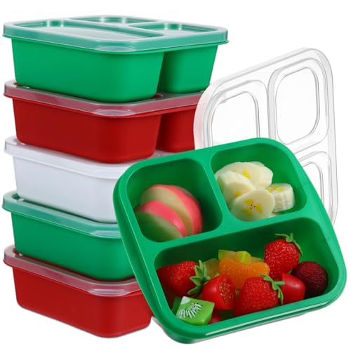 Honeydak 5 Pack Snack Containers 3 Compartment Bento Snack Boxes Divided Meal Prep Containers with Lids Reusable Adults Lunch Food Storage Box for School Work Travel(Christmas Color) - color: Christmas Color