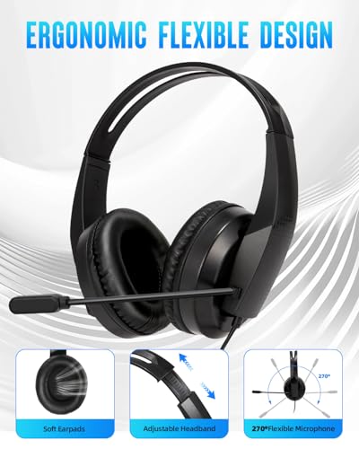 Wired Headset with Mic for Laptop – Computer Headset for Kids Teens Adults with Noise Canceling Microphone & Volume Control – 3.5mm Stereo Headphones with Mute for Home Office Class