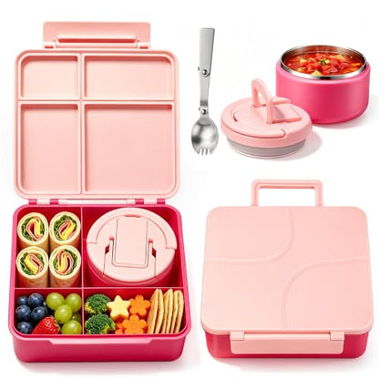Bento Lunch Box for Kids with 8oz Soup Thermo,Kids Leakproof Lunch Food Containers with 4 Compartment,Kid Insulated Thermo Hot Food Jar for School,Trvael-Pink - color: Pink