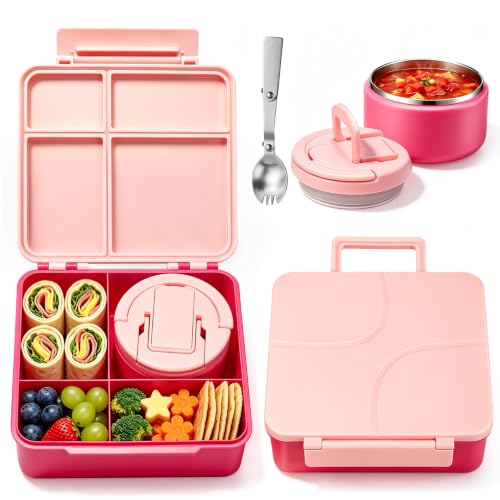 Bento Lunch Box for Kids with 8oz Soup Thermo,Kids Leakproof Lunch Food Containers with 4 Compartment,Kid Insulated Thermo Hot Food Jar for School,Trvael-Pink - color: Pink