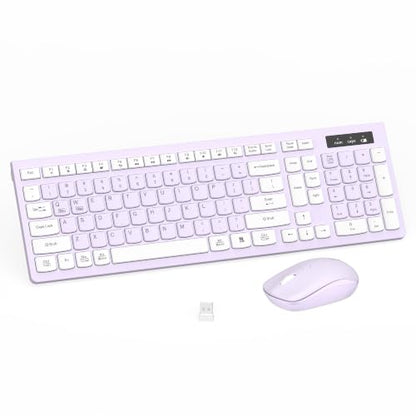 Wireless Keyboard and Mouse Combo, Full-Sized Wireless Keyboard and Adjustable DPI Mouse, 2.4GHz USB Receiver, Keyboard and Mouse for PC, Windows, Desktop, Laptop (Light Purple) - color: Light Purple