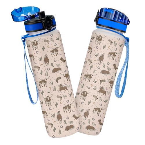 Cowgirl Western Water Bottle 32oz, Vintage Rodeo Pattern Reusable Plastic Sports Bottle for Gym School Travel, Country Girl Gifts for Birthday - color: Brown Western