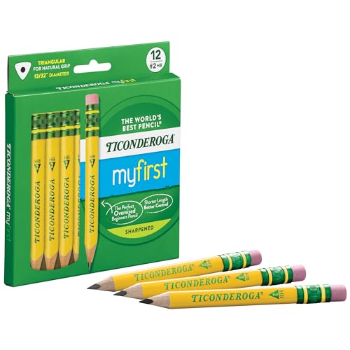 Ticonderoga My First Half-Size Wooden Pencils, 12 Pencils/Pack, 1 Pack | Large Triangle-Barrel Pre-Sharpened #2 (HB) Short 4.5" Yellow Pencils with Erasers, X33012