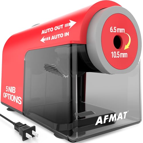 AFMAT Electric Pencil Sharpener, Fully Automatic Pencil Sharpener for 6.5-10.5mm No.2/Jumbo/Colored Pencils, Auto in & Out, 5 Sharpness Modes, 10000+ Sharpenings for Classroom Home Office, PSC5(120V) - color: Red