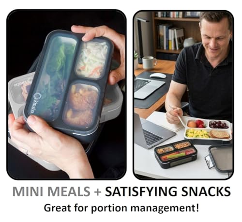Small Snack Containers for Kids Teens - 3 Compartments (Set of 2) - Leak-Proof Boxes with Lids -BPA-Free Plastic Mini Bento Lunch Box - Ideal for School, Boys & Girls, Holds 2 Cups (Black + Gray) - color: Grey Black MINI 2pk