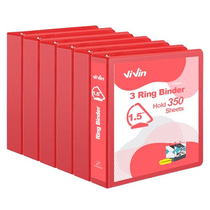 ViVin 튼튼한 3.8cm(1.5인치) 3링 바인더, 포켓 포함, 슬랜트 D 링, PVC 프리, 맞춤형 클리어 뷰 바인더, 21.6 x 27.9cm(8.5 x 11인치) 용지 350장 보관, 6팩 (레드) - color: 레드, size: 1.5인치