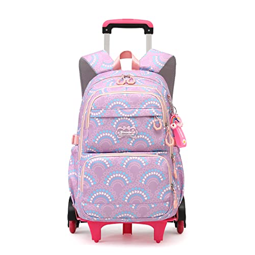 Mfikaryi Girls Rolling Backpack Elementary Student Outdoor Travel Trolley Bag Bookbag with Wheels - color: Purple -6 Wheels