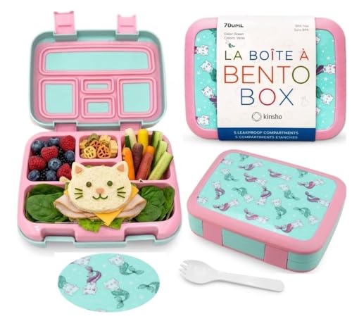 Kinsho Bento Lunch Box for Kids Toddlers, 5 Portion Control Sections, BPA Free Removable Plastic Tray, Pre-School Kid Toddler Daycare Lunches, Snack Container Ages 3 to 7 (Aqua Cat Mermaid) - color: Aqua Pink Cat Mermaid Bento