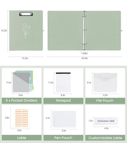 3 Ring Binder with Clipboard,1 Inch Binders with Notepad&5 Dividers with Pockets, Labels,PU Clipboards for School Office(Green Tulip,Letter Size) - color: 2-green Tulip, size: Letter Size - 1 Inch
