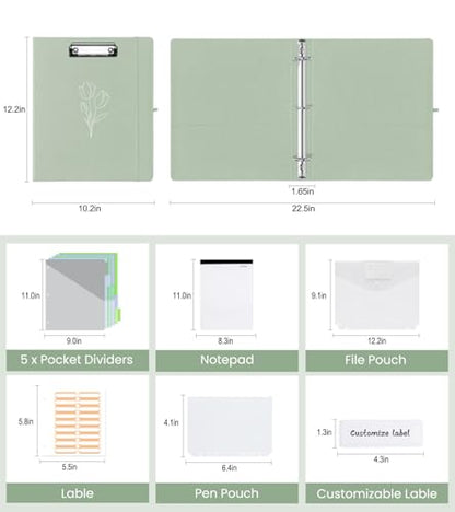 3 Ring Binder with Clipboard,1 Inch Binders with Notepad&5 Dividers with Pockets, Labels,PU Clipboards for School Office(Green Tulip,Letter Size) - color: 2-green Tulip, size: Letter Size - 1 Inch