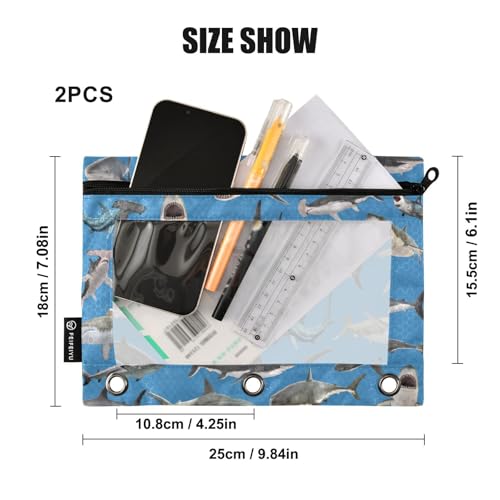 Shark Hammerhead Shark Pencil Pouch for 3 Ring Binder, Binder Pencil Pouches with Clear Window Zipper Pencil Case for Office College Supplies, 2PCS (B0314) - color: B0314