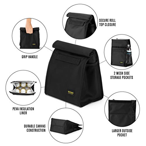 2nd Childhood Insulated Lunch Bag for Men, Durable & Reusable, Black | Slim lunch bag with carry handle, two mesh side pockets and a back slip pocket; insulated liner keeps food cool - color: Black