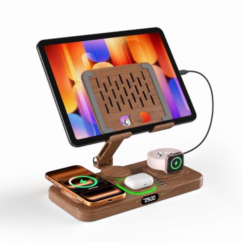 Magnetic Charging Station for Apple Multiple Devices, Wireless Charger with Clock & Light, Foldable Wired Charging Stand for iPad/Tab, Mag-Safe Charger for iPhone 17, for Apple Watch for AirPods - color: Woodgrain