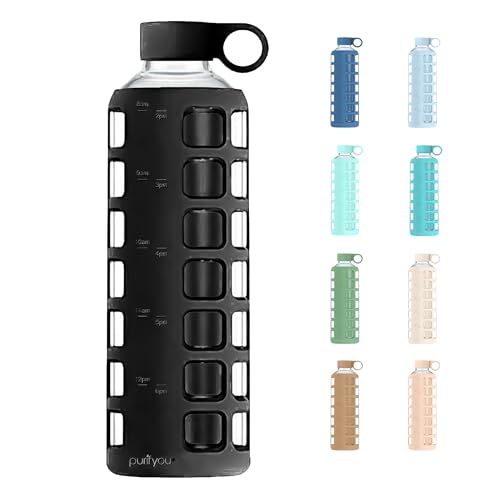 purifyou 40oz / 32oz / 22oz / 12oz Borosilicate Glass Water Bottle with Time & Volume Markers, Silicone Sleeve, Stainless Steel Lid | Reusable Glass Bottle for Water & Juice (40oz Jet Black) - color: Jet Black, size: 40 Ounces