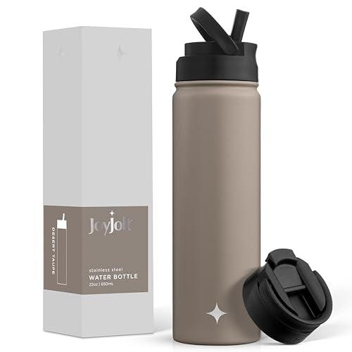 JoyJolt Triple Insulated Water Bottle with Straw Lid AND Flip Lid! 22oz Water Bottle, 12 Hour Hot/Cold Vacuum Insulated Stainless Steel Water Bottle. BPA-Free Leakproof Water Bottles - Thermos Bottle - color: Desert Taupe, size: 22 Ounces