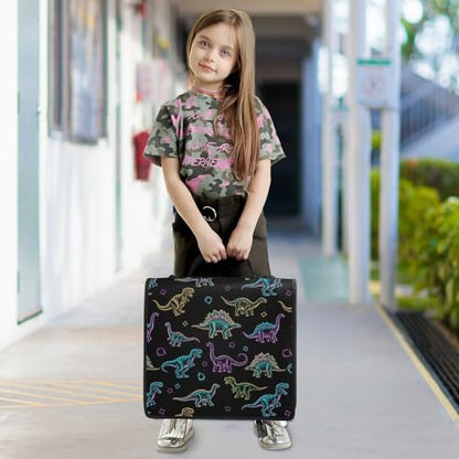 VIGTRO Dinosaur Pattern with Neon Colors 3 Ring Zipper Binder 1.5 Inch Binder Organizer Bag with Shoulder Strap and Handle File Folder for Office Work 500 Sheet Capacity