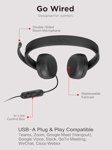 Lenovo USB-A Wired Stereo Headset for PC/Laptop, AI Noise Canceling via APP, 140g Lightweight, Replaceable Earcups, Double-Sided Boom Mic, in-line Controls with Mute for Call. Work with Teams/Zoom