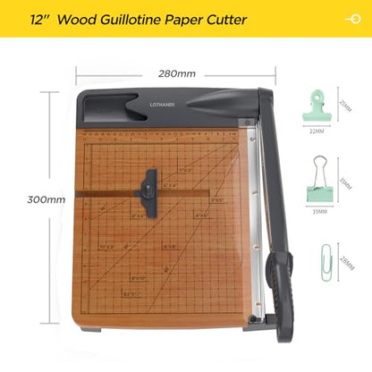 12'' Wood Guillotine Paper Cutter, Heavy Duty Wood Base Paper Trimmer with 32 Sheets Capacity Paper Cutting Board for Classroom, Crafting, Cardstock, Art Projects