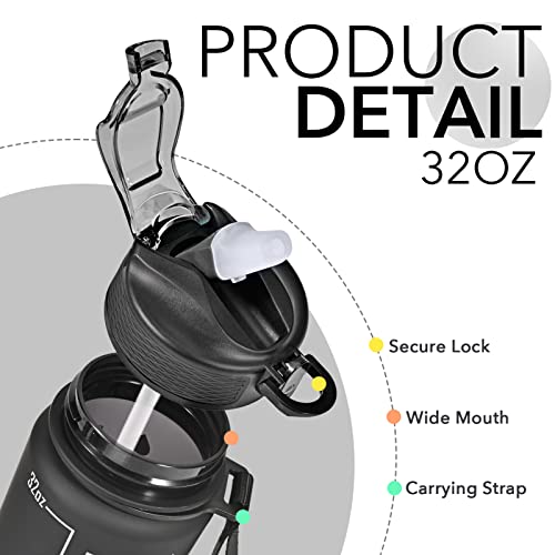 Hyeta Water Bottle with Straw & Time Marker, Plastic 32oz Leakproof | Motivational Tritan BPA Free Gym Office Outdoor Intake Tracker Hourly Reminder Straw Lid Carry Strap - color: Black Matte