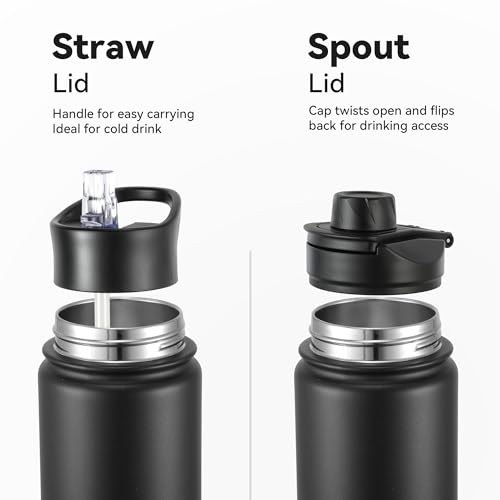 16 oz Insulated Water Bottle with Straw Lids, Stainless Steel Kids Water Bottles for School, Double Wall Vacuum Metal Water Bottle with Straw & Wide Mouth Lid, Black 1 Pack - color: Black, size: 16 Ounces