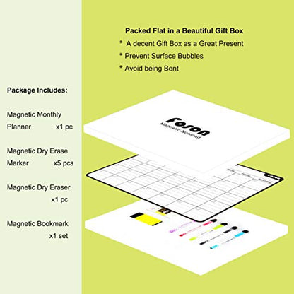 Magnetic Dry Erase Monthly Calendar, White and Black | 0.8mm thick magnetic calendar, stainproof PET, 10000+ erases, kit includes markers, eraser, bookmarks, eco fridge planner - color: Monthly White&black