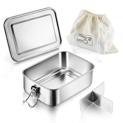 E-far Stainless Steel Lunch Box, 49oz Metal Bento Box Lunchbox w/Leak Proof Lid, 1400ml Medium Food Container w/Removable Divider & Bag, Reusable 3-Compartment Bento Lunch Container for Camping Picnic - size: 1400ML + Cloth bag