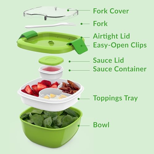 Bentgo Salad Container - 54 oz Bowl with 4-Compartment Toppings Tray, Leak-Proof Dressing Container, Reusable Fork, BPA-Free Lunch Box for Meal Prep & Food Storage; Removable Bento Tray (Green) - color: Green