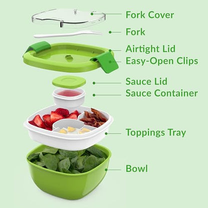 Bentgo Salad Container - 54 oz Bowl with 4-Compartment Toppings Tray, Leak-Proof Dressing Container, Reusable Fork, BPA-Free Lunch Box for Meal Prep & Food Storage; Removable Bento Tray (Green) - color: Green