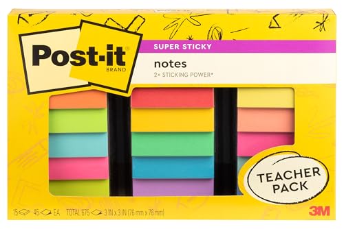 Post-it Super Sticky Notes Teacher Pack, Assorted Colors, 3 in. x 3 in., 15 Pads, 45 Sheets/Pad (654-15SSBTS-SR) - size: 11.9" x 7.9"