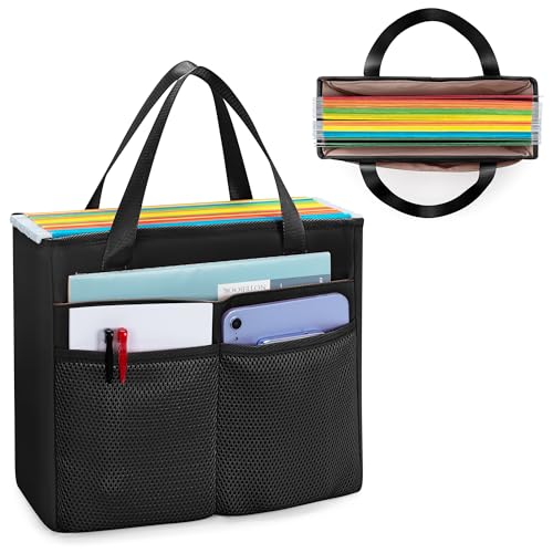 File Folder Tote Bag with Handle, Document Organizer Box, Black | File Bag for Letter Size File Holder, Collapsible Design, Folding File Case for Home Office Storage, Portable Document Box - color: Black