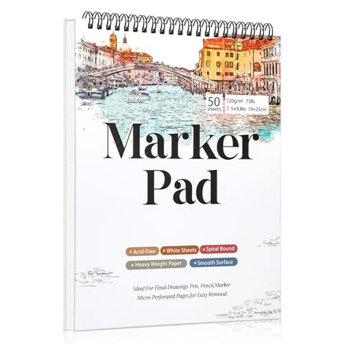 Marker Paper Pad 50 Sheets, 7.5 × 9.8 in, 120gsm Spiral Sketchbook | Bleed-Resistant Coated Paper, Acid-Free 73Lb, Smooth for Alcohol Markers, Pencils And Acrylic, Easy-Tear Spiral Pages - color: Ink Painting Style