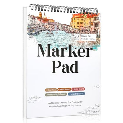 Marker Paper Pad 50 Sheets, 7.5 × 9.8 in, 120gsm Spiral Sketchbook | Bleed-Resistant Coated Paper, Acid-Free 73Lb, Smooth for Alcohol Markers, Pencils And Acrylic, Easy-Tear Spiral Pages - color: Ink Painting Style