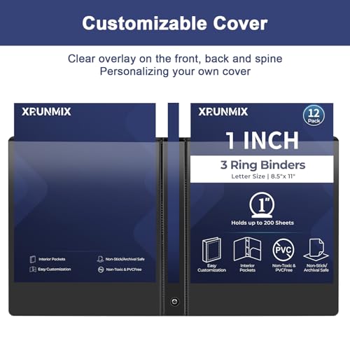 0.5-1-Inch 3-Ring-Binder with Pockets, Basic Binders 1-inch View Round Binders Holds US Letter Size 8.5'' x 11'' - Bundle Packs Perfect for Home, Office, and School (1'' - Black -12 Packs) - size: 1'' - Black -12 Packs