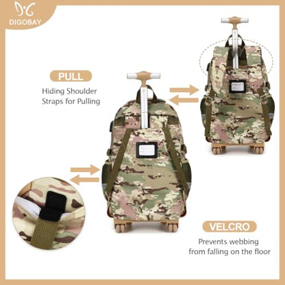 DIGOBAY Camo Rolling Backpack for Boys, 3PCS Tactical Kids Rolling Backpack Set with Lunch Bag & Pencil Case, Boys Wheeled School Bookbag for Elementary, Middle, High School - color: Camouflage Yellow/Green