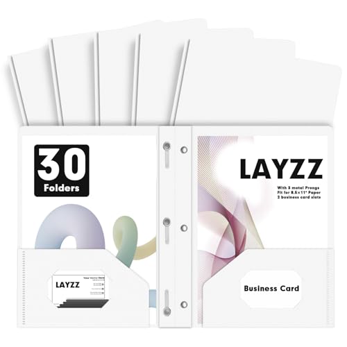 Plastic 2 Pocket Folders with Prongs, 30 Pack, Heavyweight, Letter Size Poly Folders with 3 Metal Prongs Fastener Clips (White) - color: White