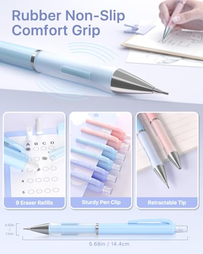Four Candies Pastel Mechanical Pencil Set, 0.9mm Bold Point, Pack of 6 | 360 HB/2B Leads, 3 Erasers, 9 Eraser Refills, Storage Case, Triangular Grip, for Heavy Writing & Sketch - style: 0.9 mm
