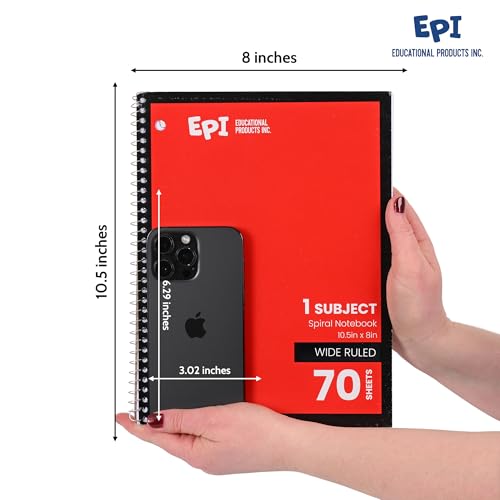 EPI Spiral Notebook | Wide - 70 Sheets, Durable Spiral Binding | 10.5 x 8 in | Classroom Supplies | School, Office, Note Taking, Journaling - 12 Pack - color: Red, size: 12