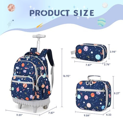 Rolling Backpack for Boys, 3PCS Roller School Backpacks for Boys with Lunch Bag and Pencil Pouch, Kids Bookbag School Bag with Wheels for Kindergarten Elementary Middle School Travel - color: Grey Space