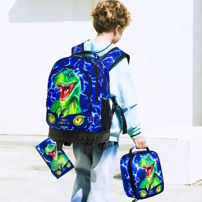 gxtvo 3PCS Kids Rolling Backpack for Boys,Water Resistant Roller Bookbag Set, Cute School Bag with Wheels for Elementary Preschool - Cute Green Dinosaur - color: Lightning Dinosaur Rolling Set