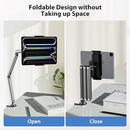KU XIU Tablet Stand for Desk, Aluminum Alloy Foldable Tablet Arm Mount Holder Compatible with iPad 10/9th, iPad 13/12.9/11" M3 M4 M5 Pro Air, For Samsung Galaxy Tab & More 7-15.6" Tab Portable Monitor