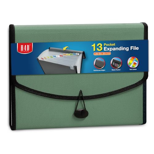 H4D 13-Pocket Accordion File Organizer, Expanding File Folder, Sage | Extra Back Mesh Pocket, Letter Size Paper, Pre-Printed and Customizable Labels, Expandable Document Organizer - color: Sage