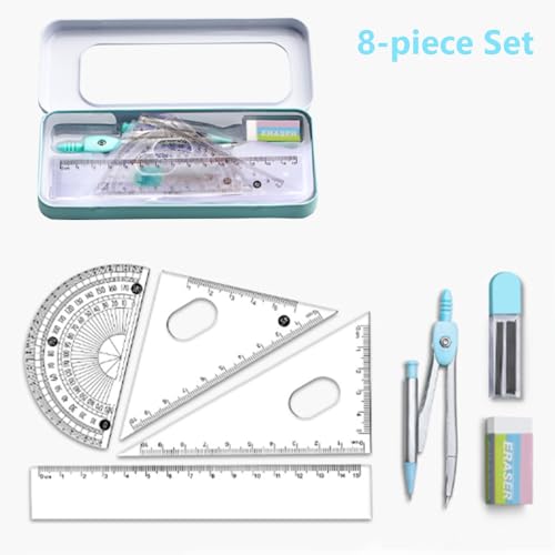Math Geometry Tool Kit for Students – 8-Piece Compass Protractor Ruler Set with Metal Case, Anti-Myopia Office School Drawing Supplies (Blue) - color: Blue