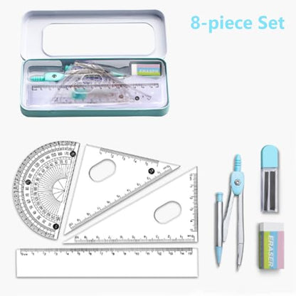 Math Geometry Tool Kit for Students – 8-Piece Compass Protractor Ruler Set with Metal Case, Anti-Myopia Office School Drawing Supplies (Blue) - color: Blue